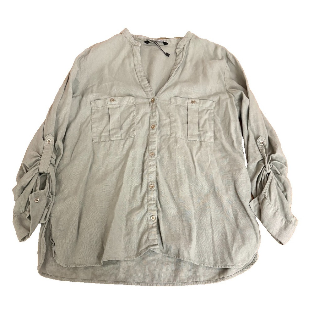 ZARA Womens Grey Green Linen Blend Button Down Shirt Roll Tab Size Large